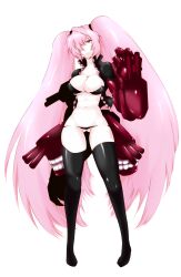 abyssal_ship black_legwear black_panties breasts colored_skin dandara_(karakure) female full_body hair_over_one_eye highres kantai_collection karakure_(kamo-nanban) large_breasts long_hair lowleg lowleg_panties navel panties pigeon-toed pink_hair red_eyes shinkaisei-kan simple_background solo southern_ocean_oni standing thighhighs underwear very_long_hair white_background white_skin