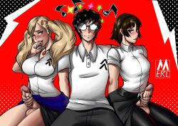 1boy 2futas akira_kurusu ann_takamaki atlus biting_lip blonde_hair blush brown_hair futanari glasses handjob itsyamatemerc long_hair makoto_niijima male_on_futa persona persona_5 short_hair straight twintails