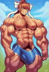 1boy abs ai_generated ambush_(trap) armpit_hair bulge chest_hair doki_doki_literature_club extreme_muscles genderswap genderswap_(ftm) hairy_armpits hairy_arms hairy_chest hyperpenis male male_only monika_(doki_doki_literature_club) muscular muscular_male rule_63 sewoh solo