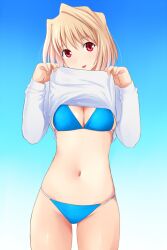 00s arcueid_brunestud bikini blonde_hair blue_bikini breasts cleavage clothes_lift female katatsuka_kouji navel red_eyes revision shiny_skin shirt_lift short_hair skindentation solo string_bikini sweater swimsuit thigh_gap tongue tsukihime