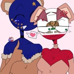 2girls alaska_(statehumans) bear_costume bear_ears california_(countryhumans) countryballs countryhumans countryhumans_girl cute green_eyes idrinkwindex lesbian multiple_girls smiling statehumans statehumans_girl texas_(statehumans)