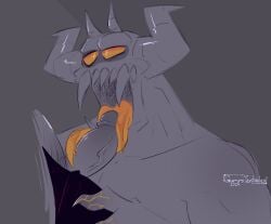 2024 artist_upload blowjob clawed_fingers claws demon demon_horns demon_humanoid digital_drawing_(artwork) digital_media_(artwork) fangs horns licking_penis looking_at_partner looking_up male/male male_focus male_only moloch_(spooky_month) muscular muscular_male non-human pestercide saliva saliva_on_tongue sharp_claws sharp_teeth spooky_month toony