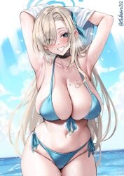 alternate_costume armpits arms_behind_head arms_up asuna_(blue_archive) bikini black_choker blue_archive blue_bikini blue_eyes blue_ribbon blue_sky blush breasts choker cleaning_&_clearing_(blue_archive) cowboy_shot ebifurya eyes_visible_through_hair female front-tie_bikini_top front-tie_top hair_over_one_eye hair_ribbon heart highres horizon large_breasts light_brown_hair long_hair looking_at_viewer millennium_science_school_student mole mole_on_breast navel ocean ribbon side-tie_bikini_bottom skindentation sky smile solo stomach swimsuit twitter_username very_long_hair wet wet_clothes wet_swimsuit