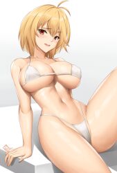 antenna_hair arcie_albano arcueid_brunestud arm_support bare_shoulders bikini blonde_hair breasts cleavage collarbone covered_erect_nipples hair_between_eyes highleg highleg_bikini highres large_breasts light_blush linea_alba looking_at_viewer medium_hair navel open_mouth red_eyes signature simple_background sitting smile swimsuit tsukihime white_background white_bikini