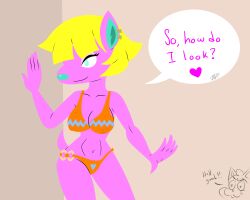 1girls animal_crossing animal_humanoid anthro bikini blue_nose earrings female_focus fuchsia_(animal_crossing) joe_rodher nintendo no_outlines orange_panties speech_bubble