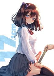 1futa 1other ayanakitori big_breasts breasts brown_hair clothed clothing decensored erection futa_focus futanari hairbow human kneeling light-skinned_futanari light_skin measurements measuring measuring_penis mostly_clothed original penis penis_out ruler school_uniform schoolgirl short_hair solo_focus thighhighs uncensored