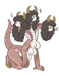 3_heads 5_fingers 6_breasts breasts brown_hair dragon dragon_girl dragon_tail horns long_neck panoramango pink_nipples scales simple_background solid_color_background tail text tits white_background