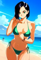 1girls ai_generated beach bikini black_hair female green_eyes milf navel niezero outdoors pose short_hair solo solo_focus stomach valorant viper_(valorant)