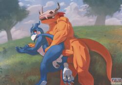 2024 anal anal_sex anthro anthro_on_anthro anthro_penetrated anthro_penetrating anthro_penetrating_anthro anthro_penetrating_male armor backsack balls bandai_namco biped blue_sky blue_tail claws cloud colored day digimon digimon_(species) drakawa duo english_text erection flamedramon foreskin gay genitals glans grass hair headgear helmet humanoid_genitalia humanoid_penis lizard looking_pleasured lying male male/male male_only male_penetrated male_penetrating male_penetrating_anthro male_penetrating_male mostly_nude multiple_boys nude on_side open_mouth orange_balls orange_penis orange_tail outside penetration penile penile_penetration penis penis_in_ass plant red_eyes red_hair reptile scalie sex signature sky tail text toe_claws tree wargreymon white_balls white_claws yaoi