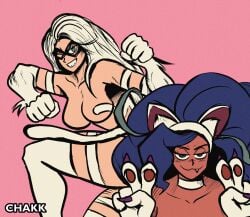 2girls big_breasts black_cat_(marvel) blue_eyes blue_hair breasts cat_ears catgirl chakkux cosplay crossover darkstalkers eastern_and_western_character felicia felicia_(cosplay) felicia_(darkstalkers) felicia_hardy female female_only first_porn_of_artist long_hair marvel marvel_comics multiple_girls name_connection posing spider-man_(series) white_hair wink