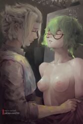 1boy 2bells1ravine albecrose albedo_(genshin_impact) breasts closed_eyes collarbone covering drapery female genshin_impact green_eyes green_hair nipples shirt short_hair small_breasts smile sucrose_(genshin_impact) topless white_hair