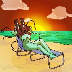 armor breasts clothing digital_media_(artwork) female footwear headgear helmet humanoid machine mindflayer_(ultrakill) moneomortis new_blood_interactive nude nude_female pixel_(artwork) robot robot_humanoid solo sunset tentacle ultrakill