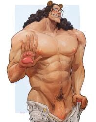 1boy abs animal_ears artist_name bartholomew_kuma bear_ears black_hair black_pubic_hair blush clothes_pull curly_hair embarrassed flaccid furrowed_brow glasses hand_up highres kuyuen1 long_hair looking_at_viewer male_focus male_only male_pubic_hair muscular muscular_male navel nipples nose_blush nude one_piece open_fly open_mouth open_pants pants pants_pull pawpads pectorals penis pubic_hair rollo_(kuyuen1) solo stomach sweat unzipped veins veiny_penis zipper zipper_pull_tab