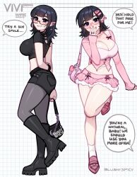 1girls 2020s 2024 2d 2d_(artwork) among_us_reference artist_name black_eyes black_hair blushypixy blushyspicy clothed clothing dialog dialogue earrings easter_egg_(meta) english english_dialogue english_text eyeglasses female female_focus female_only footwear full_body glasses grid grid_background hidden_amogus legwear looking_at_viewer looking_back mammal photoshoot pose posing speech speech_bubble speech_bubbles standing sussy_baka url vampire vampy_(blushypixy) vivian_(blushyspicy)