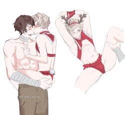 2boys antler_headband antlers ass atsushi_nakajima bandaged_arm bandaged_neck bandages blush bound brown_hair bungo_stray_dogs dazai_osamu dazatsu gay grey_hair kissing male male/male male_only multiple_boys negu_talong panties pants reindeer_antlers short_hair simple_background spread_legs tagme topless_male twitter_username underwear white_background yaoi