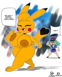 2girls big_breasts breasts clothing cosplay_pikachu cuadra_side female female_only human multiple_girls naked naked_female nude nude_female officer_jenny_(pokemon) pale_skin pikachu pokémon_(species) pokemon pokemon_focus public tagme