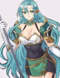 1girls aqua_hair armor bare_shoulders black_dress bow breasts chloe_(fire_emblem) cleavage covered_navel cowboy_shot dress female female_only fire_emblem fire_emblem_engage garter_straps gloves green_eyes green_skirt grey_background hairbow hazuki_(nyorosuke) highres holding large_breasts long_hair looking_at_viewer miniskirt nintendo orange_bow pencil_dress short_dress shoulder_armor simple_background skirt smile solo standing very_long_hair white_gloves