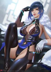 arm_up black_gloves blue_eyes blue_hair boots breasts china_dress chinese_clothes couch dress elbow_gloves female fingerless_gloves fingernails genshin_impact gloves latex latex_legwear latex_thighhighs looking_at_viewer open_mouth sade_abyss short_hair sitting solo thighhighs window yelan_(genshin_impact)