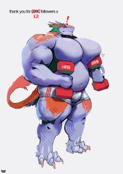 3_toes anthro avie aviesergal big_muscles big_pecs blush body_hair bottomwear claws clothing ear_piercing exercise facial_hair feet flustered goatee happy_trail hi_res male musclegut muscular muscular_arms muscular_legs muscular_male navel pecs piercing sergal shorts solo tail toe_claws toes weightlifting workout