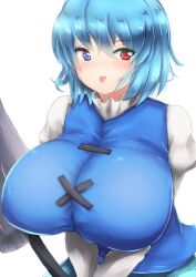 1girls blue_eyes blue_hair blue_vest blush closed_mouth cross-laced_clothes fa_kurin heterochromia huge_breasts kogasa_tatara looking_at_viewer red_eyes short_hair solo tatara_kogasa tongue_out touhou upper_body