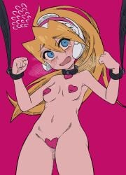 1girls arms_up blonde_hair blue_eyes blush bondage buzzlyears cameltoe ciel_(mega_man) collar female heart heart_collar helmet long_hair mega_man mega_man_zero nipple_bulge nude nude_female pasties ponytail small_breasts solo solo_female tears tied_hands tied_up