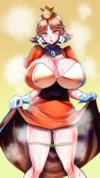 1girls 2021 alternate_breast_size big_breasts blue_eyes breasts crown earrings erect_nipples erect_nipples_under_clothes female horny horny_female huge_breasts lifting_dress mario_(series) nintendo nipples orange_hair panties_around_leg panties_down princess_daisy pussy pussy_juice pussy_juice_drip pussy_peek shimazu_kaname shiny_breasts shiny_hair shiny_skin short_hair steam steaming_body steamy steamy_breath sweatdrop sweating sweaty sweaty_breasts wet wet_pussy white_skin