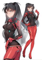 1girls alternate_costume ass asuka_langley_sohryu_(cosplay) black_hair blue_eyes blush bodysuit breasts clothing cosplay crossover fate/stay_night fate_(series) female full_body light-skinned_female light_skin midriff multiple_views neon_genesis_evangelion plugsuit shiny_clothes shiny_thighs siino skin_tight small_breasts solo stomach thigh_gap thighs tight_clothing tohsaka_rin twintails