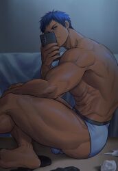 1boy abs aomine_daiki back_muscles bara bedroom big_bulge big_thighs black_socks blue_eyes blue_hair boxer_briefs boxer_briefs_only briefs briefs_only bulge cachic cellphone daiki_aomine dark-skinned_male dark_skin foot holding_object holding_phone human human_only indoors kuroko_no_basuke looking_at_viewer male male_focus male_only muscles muscular muscular_back muscular_male muscular_thighs penis penis_in_underwear sitting sitting_on_floor sitting_on_ground socks_removed solo solo_focus solo_male taking_picture thick_thighs thighs toilet_paper toned toned_body toned_male underwear underwear_only white_boxer_briefs white_briefs white_underwear