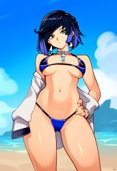 1girls ai_generated beach bikini black_hair blue_eyes blue_hair emotionless emotionless_female female genshin_impact indifferent large_breasts multicolored_hair navel niezero outdoors short_hair solo solo_focus unamused unaware yelan_(genshin_impact)