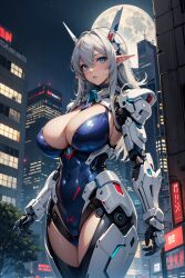 1girls 1robot_girl ai_generated android android_girl breasts cleavage elf elf_ears female long_hair looking_at_viewer robot_humanoid solo the_way_(artist) white_hair