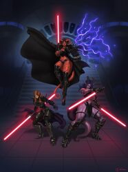 3girls armor athletic_female belms big_breasts big_thighs breasts color crossover demon_hunter demon_hunter_(warcraft) draenei eredar female fishnets force_lightning hooves horns horns_and_hooves human lightning lightsaber night_elf no_text original original_characters purple_skin red_lightsaber red_skin sith star_wars svanna thighs warcraft world_of_warcraft wow