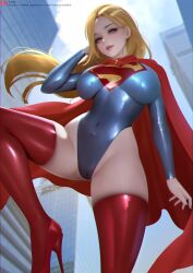 bare_hips blonde_hair blue_eyes blue_leotard breasts building cape chinese_commentary commentary_request covered_navel dc_comics feet_out_of_frame female female_only from_below fully_clothed high_heels highleg highleg_leotard highres impossible_clothes large_breasts leotard lips long_sleeves patreon_logo red_cape red_thighhighs sade_abyss shiny_clothes skin_tight solo stiletto_heels supergirl thighhighs tight_clothing very_high_heels