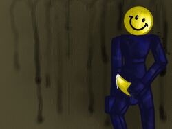 balls blue_body bodily_fluids creepy cutiecub dripping genital_fluids genitals grabbing_genitals head_tilt hi_res humanoid jaoba_(regretevator) looking_at_viewer male masturbation penis penis_grab precum precum_drip regretevator roblox roblox_game shadow simple_background smile smiley_face solo solo_focus source_request tall wet wet_hands yellow_head yellow_penis