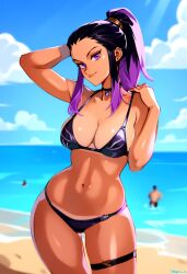 1girls ai_generated beach bikini black_hair large_breasts multicolored_hair navel niezero outdoors pose purple_eyes purple_hair reyna_(valorant) sky solo solo_focus tan_body tan_skin thick_thighs toned valorant water