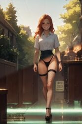 1girls ai_assisted ai_generated alterxone blush bracelet collared_shirt comic_cover female female_focus fishnets green_eyes high_heels high_waisted_thong highres legs nightclub on_off original original_character panties petite platform_footwear red_hair slim_girl slim_waist smile stockings stripper stripper_clothes tagme thong walking