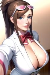 1girls 2024 2d 2d_(artwork) ai_generated big_breasts blue_eyes bow breasts brown_hair capcom clothed clothed_female clothing coat ema_skye female female female_only gyakuten_saiban human human_only labcoat long_hair looking_at_viewer nai_diffusion ponytail red_bow sidelocks solo solo_female stable_diffusion standing sunglasses sunglasses_on_head video_game video_game_character