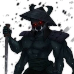 1boy artist_request bara black_hat japanese katana kusonoki male male_only red_eyes roblox roblox_game samurai shirtless shirtless_(male) source_request sword tagme the_mimic