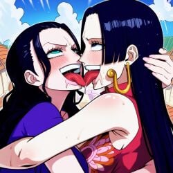 2girls ai_generated blush boa_hancock female female_only french_kiss nico_robin one_piece pleasure_face powerhouserift tongue_kiss yuri