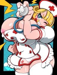 big_breasts blonde_hair breasts bursting_breasts cinnamon6 cinnamon_gaudille cleavage gigantic_breasts huge_breasts large_breasts mega_man mega_man_x nipple_slip nipples nurse nurse_uniform thick_thighs thighs