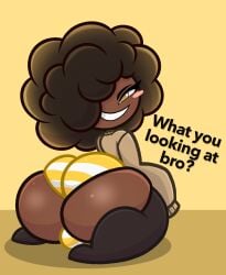 1boy afro ass big_ass blackwhiplash bwl dark-skinned_femboy dark-skinned_male dark_skin fat_ass femboy giant_ass grin grinning grinning_at_viewer hair_covering_eye hair_over_one_eye huge_ass looking_at_viewer looking_back looking_back_at_viewer male male_only original princess_jomes rear_view solo solo_male stockings striped_panties yellow_panties zander_(blackwhiplash)