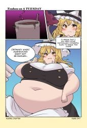 bbw belly_overhang big_belly big_female blonde_hair blush chubby chubby_female comic double_chin embarrassed fat fat_ass fat_female fat_fetish fat_girl fat_woman fatty huge_belly kurocaze large_female marisa_kirisame obese obese_female overweight overweight_female pig plump pork_chop speech_bubble thick_thighs touhou tubby weight_gain witch witch_costume witch_hat