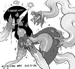 1girls anal asta_(crap_man) asta_rindo bent_over black_hair blush bodysuit clothed_sex clothing crap-man english_text female from_behind greyscale heart hi_res long_hair monochrome oral penetration restrained sex side_view spoken_heart spread_legs suction_tentacles tentacle tentacle_on_face tentacle_sucking_breasts tentacles_on_female text thick_thighs triple_penetration vaginal_penetration white_background