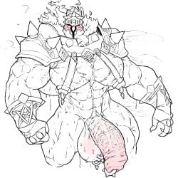 1boy 2018 balls bara barazoku big_balls big_penis blush completely_nude completely_nude_male helmet huge_balls huge_cock lifewonders looking_at_viewer male male_nipples male_only monochrome mr_canvas muscular_male nipples nude penis piercing surtr_(tokyo_afterschool_summoners) sweat sweating tokyo_afterschool_summoners