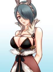 1girls alternate_costume bare_shoulders blue_eyes blue_hair breasts bunny_ears bunny_girl bunnysuit cleavage febakkari female female female_only fire_emblem fire_emblem_fates fur_trim hair_over_one_eye large_breasts looking_at_viewer nintendo playboy_bunny setsuna_(fire_emblem) solo white_fur