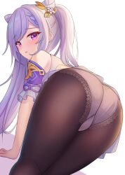 all_fours ass black_legwear blush double_bun genshin_impact hair_ornament highres icwine keqing_(genshin_impact) long_hair looking_at_viewer looking_back panties pantyhose purple_eyes purple_hair simple_background twintails underwear white_background white_panties