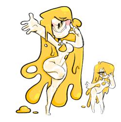 blush dripping drippy egg egg_(ohthesunnyside) goo goofy_smile hourglass_figure leaning_forward long_hair long_legs navel ohthesunnyside slime slime_girl white_background white_body yellow_hair