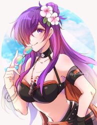 1girls alternate_costume armband bare_shoulders bikini black_bikini black_choker black_swimsuit breasts choker cleavage female female female_only fire_emblem fire_emblem:_three_houses fire_emblem_heroes fire_emblem_warriors:_three_hopes flower hair_flower hair_ornament hair_over_one_eye highres holding holding_removed_eyewear large_breasts long_hair looking_at_viewer navel nintendo official_alternate_costume pink_flower purple_eyes purple_hair shez_(female)_(fire_emblem) shez_(fire_emblem) smile solo stomach swimsuit unworn_eyewear upper_body very_long_hair yutohiroya