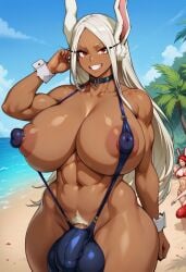 1futa ai_generated big_breasts big_bulge big_penis breasts_bigger_than_head bulge bunny_ears curvy_hips curvy_thighs dark-skinned_female dark-skinned_futanari flaccid futa_focus futa_only futanari heart_collar huge_ass huge_balls huge_breasts kunaboto_(style) miruko my_hero_academia pubic_tattoo red_eyes shirt_collar slingshot_swimsuit solo_futa white_hair white_pubic_hair