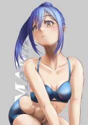 belly blue_hair brown_hair closed_eyes date_a_live digitalfragment exercise_clothing female female_only light-skinned_female short_hair shorts small_breasts solo solo_female takamiya_mana thighs yoga_pants