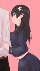 1boy 1girls 2020s 2024 absurd_res arm_hug assertive_female black_hair black_pants blue_sailor_collar blue_serafuku blue_skirt breast_press breasts clinging closed_mouth faceless_male female flirting flower from_side green_eyes hair_flower hair_ornament height_difference hi_res light-skinned_female light_skin long_hair long_sleeves male medium_breasts midriff_peek musaki_(msaki666) neckerchief pants pink_background pleated_skirt red_neckerchief sailor_collar sakugawa_school_uniform saten_ruiko school_uniform schoolgirl serafuku shirt simple_background skirt smile solo_focus standing teenage_girl teenage_tits teenager to_aru_kagaku_no_railgun to_aru_majutsu_no_index white_shirt winter_uniform young